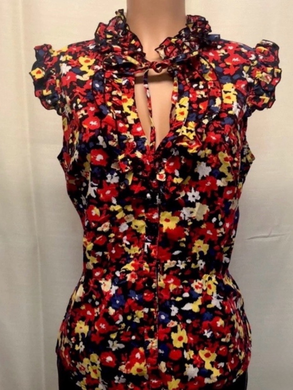 Susie Rose Vibrant Floral Ruffle Blouse M 7/9 Coquette Top Red Yellow Blue